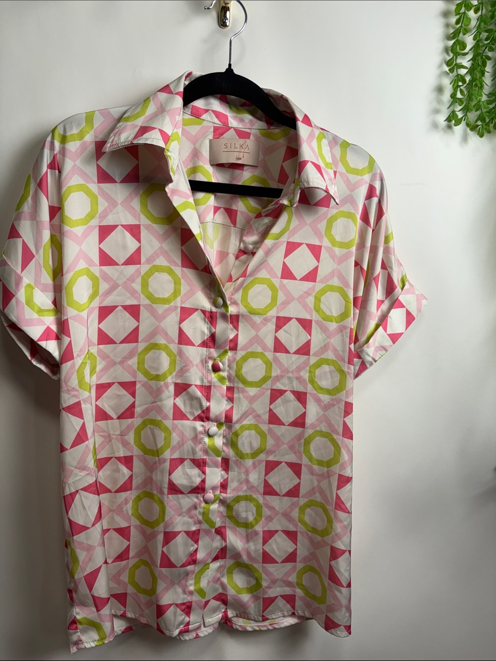 Pink & Lime Geometric Short-Sleeve Blouse